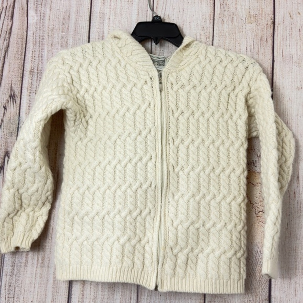 Aran Crafts Vtg Wool Zip Up Hood Sweater Cable Fisherman Ivory Womens Sz small